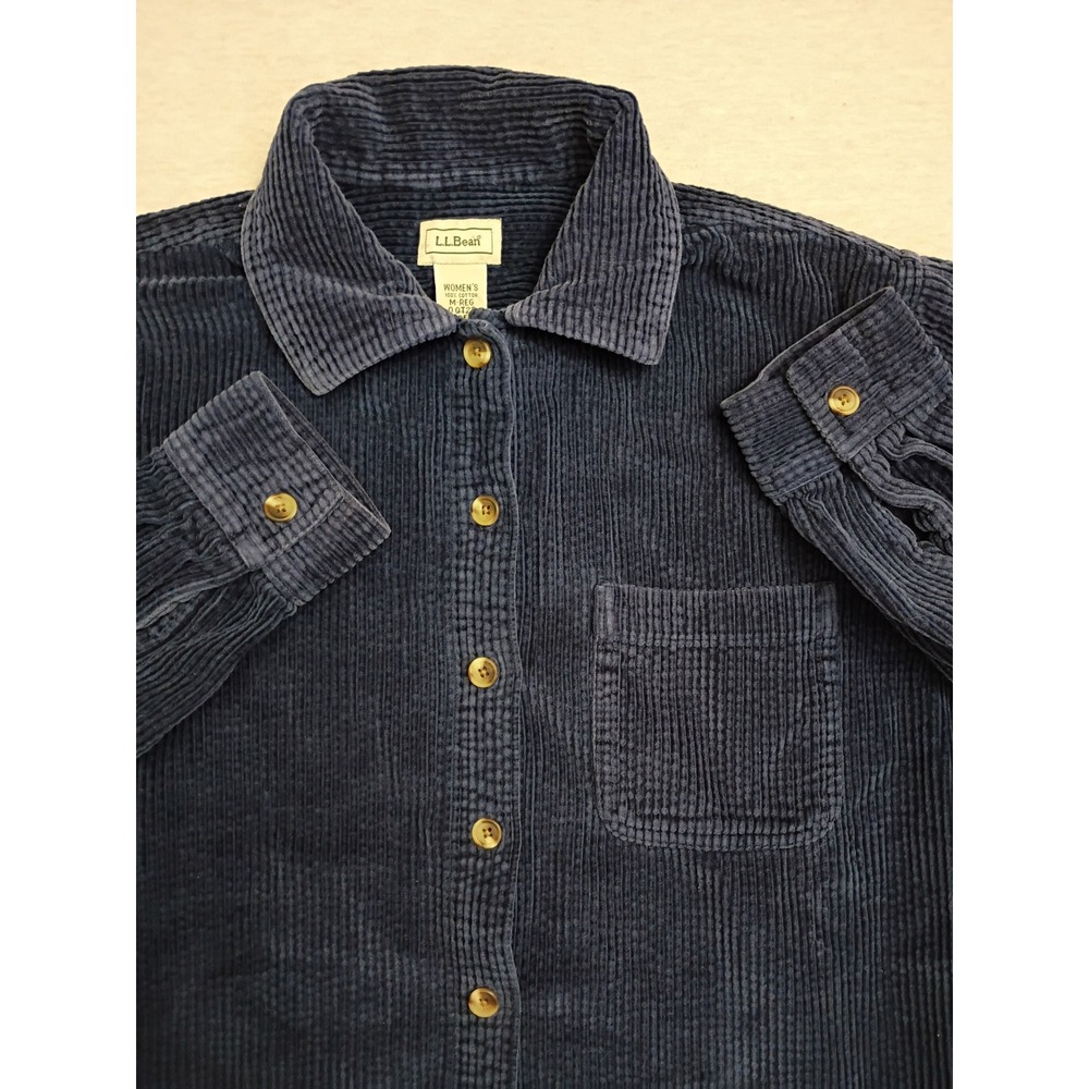 LL Bean Womens Navy Blue Corduroy Button Down Shirt W116847 Medium Regular